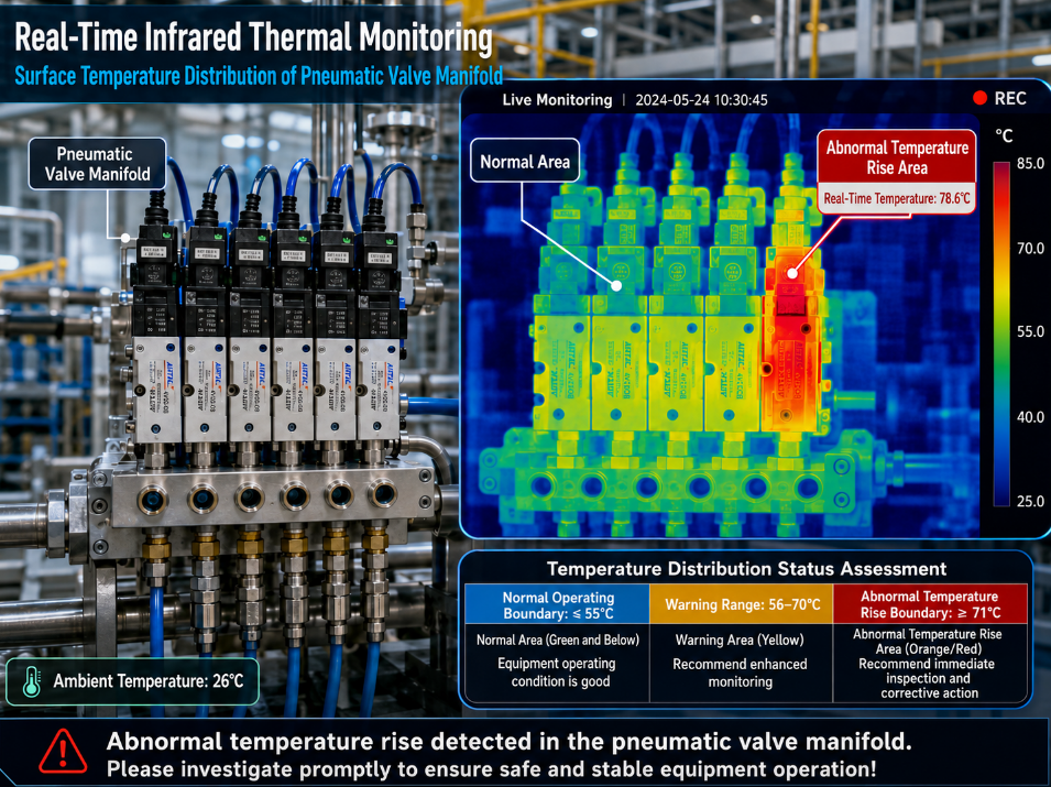 Infrared thermal imaging real-time monitoring of surface temperature distribution of the pneumatic valve group
