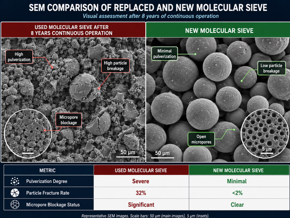 SEM comparison photos of molecular sieve replaced after 8 years of continuous operation versus new molecular sieve.